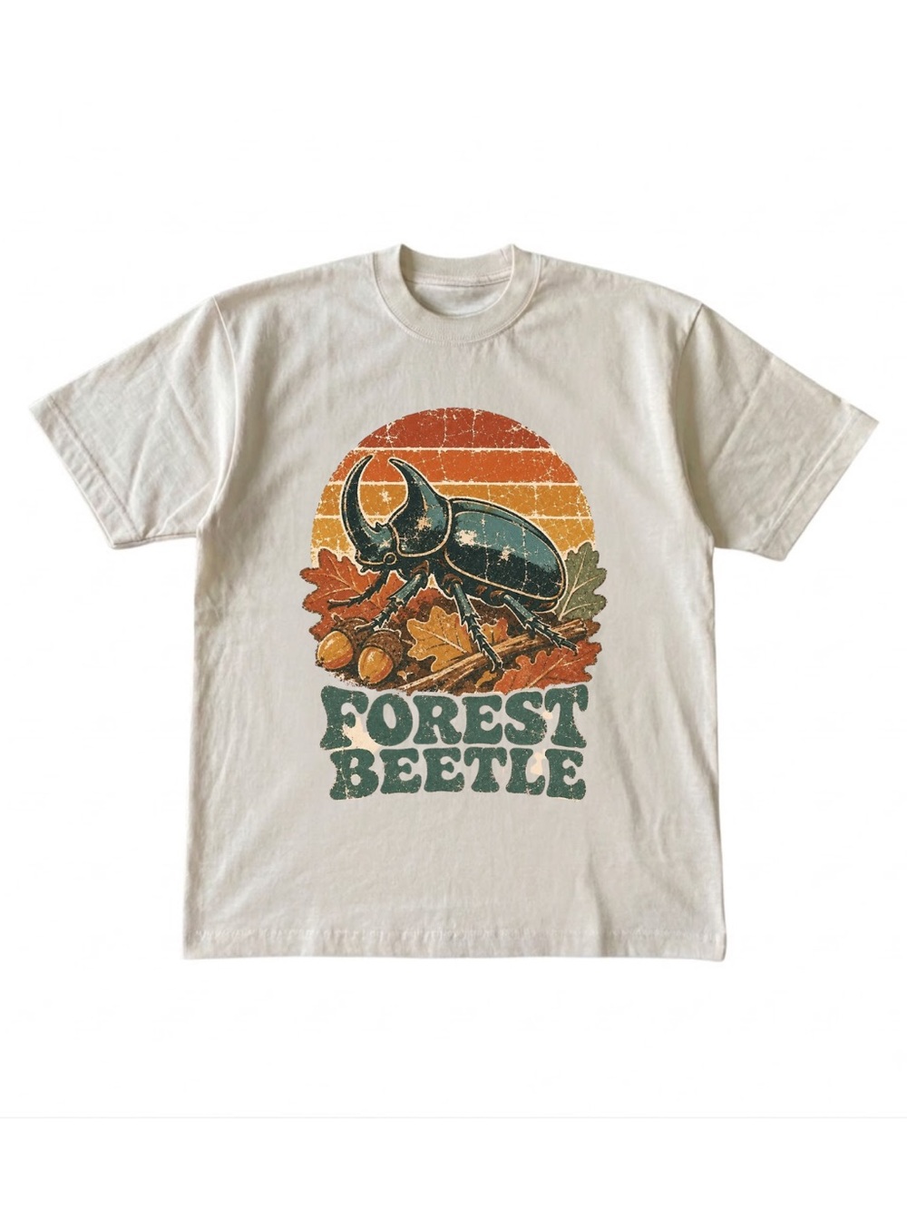 Gildan Forest Beetle Graphic T-Shirt - Cream with Green & Orange Print
